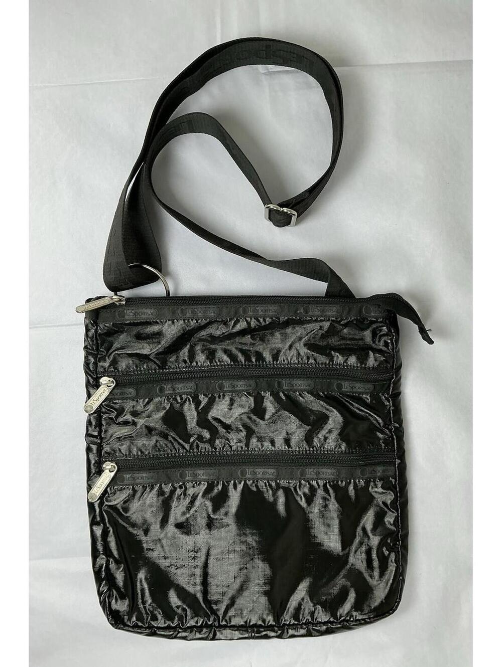 Le SportSac Back Liquid Shine Large 3 Zip Crossbody Bag Adjustable Strap Purse